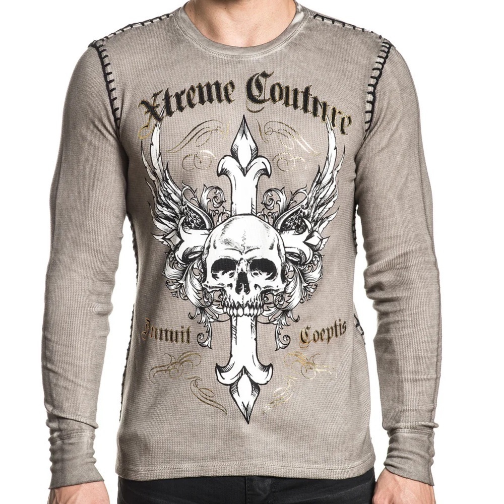 NWT Xtreme Couture Men's Small Tan Crew Neck Thermal With Skulls